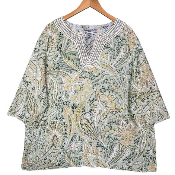 Cambridge Dry Goods Womens Tunic Top Plus Sz 3XL‎ Green Paisley Linen Blend - Picture 13 of 13